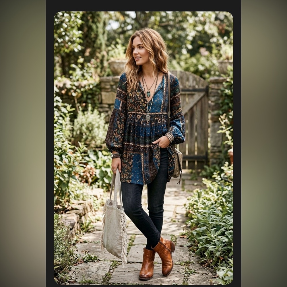 Altar'd State Teal Multi Patchwork V-Neck Long Sleeve Dress